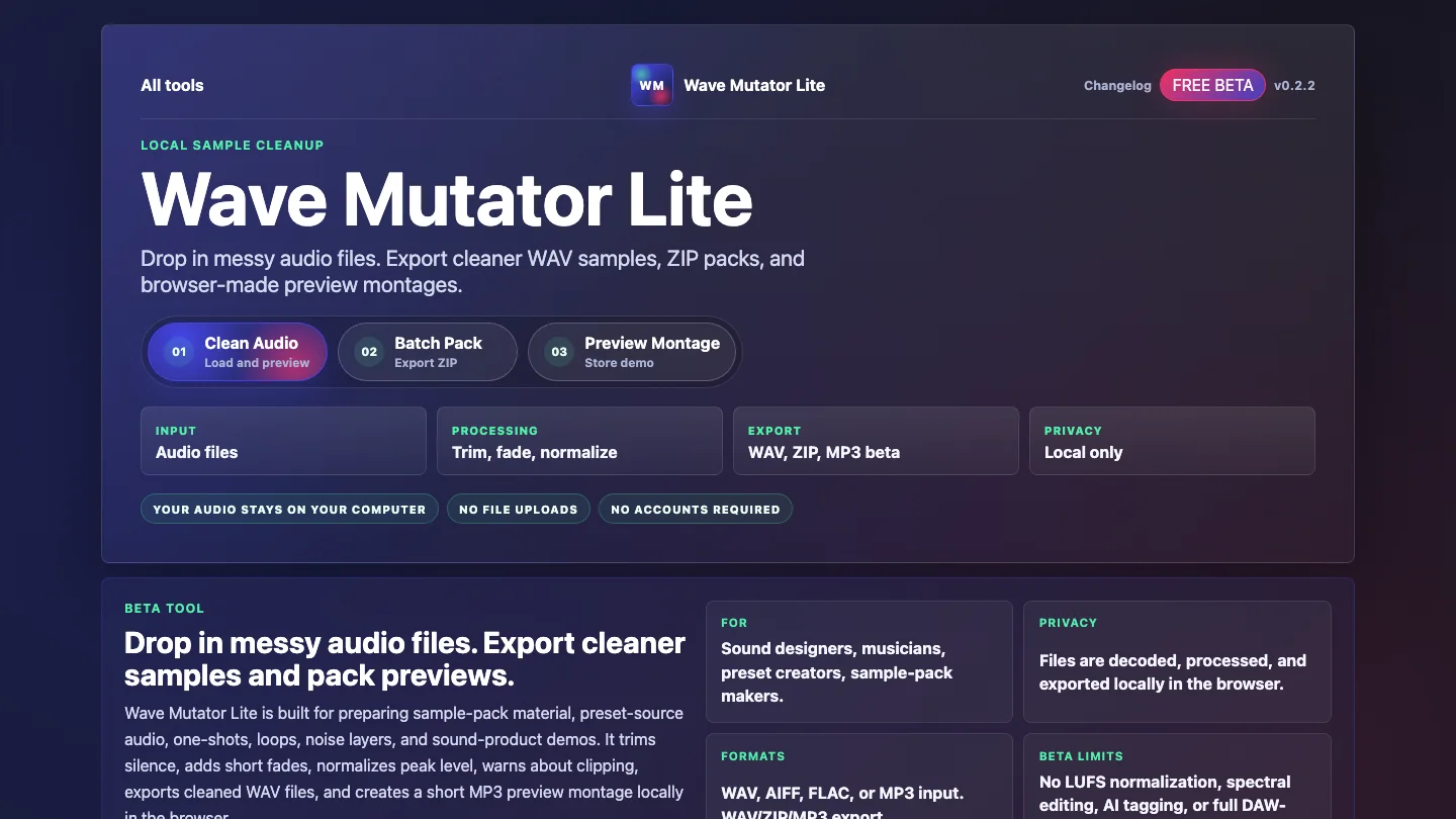 Wave Mutator Lite interface showing local sample cleanup, pack export, and preview montage controls